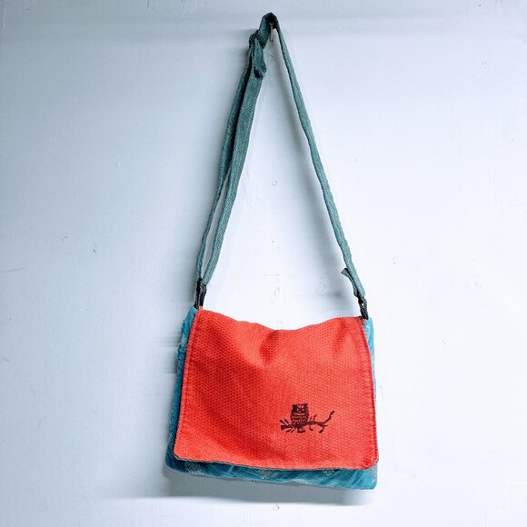 Handmade? Owl Tree Branch Messenger Bag Colorful 13" x 10.5" Corduroy Blue Red - Picture 1 of 8